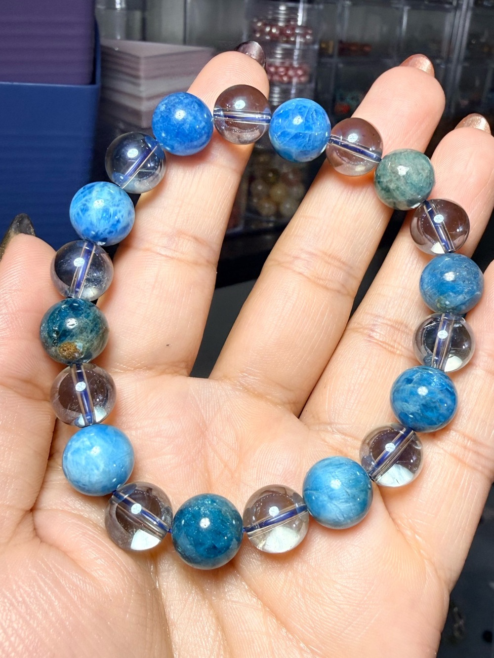 10mm Blue Apatite & Rainbow Quartz Gemstone Bracelet